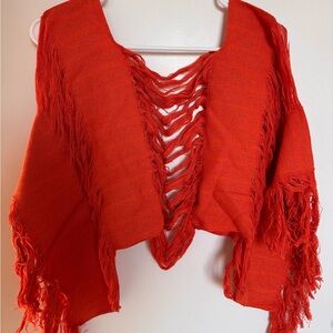 Orange Fringe Distressed Woven Tunic Scoop Neck Cover up Short Sleeve One Size